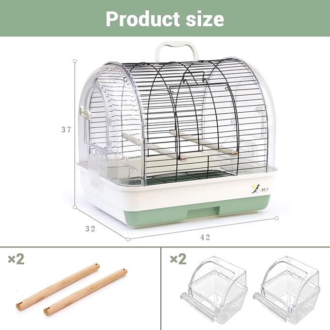 Portable Large Metal Bird Cage Carrier for Small to Medium Birds – 2 Food Bowls, 2 Perches, Removable Tray, Handle – Ideal for Cockatiels, Budgies, Lovebirds, Canaries – Green, 42x32x37cm