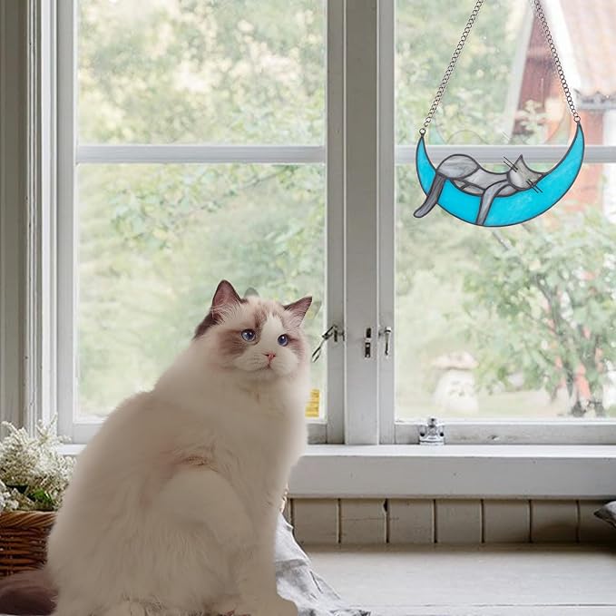 Rainbow Bridge Cat Memorial Gifts for Loss of Cat Suncatcher, Handcrafted Stained Glass Window Hanging, Pet Loss Sympathy Gift for Window, Living Room, Garden