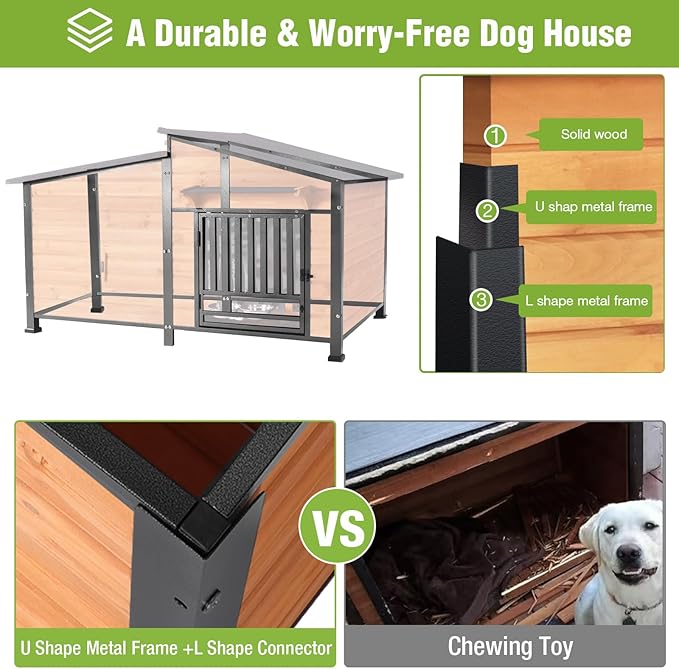 GUTINNEEN Large Heated Dog House Outdoor Insulated Dog Kennel Weatherproof with Safe Heating Pad, Full 6-Sided Insulation, Chew-Proof Metal Frame, Rotatable Spill-Proof Bowl for Large Dog Breeds