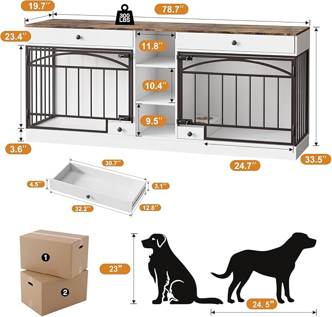 GAOMON Dog Crate Furniture for 2 Dogs, 78.7'' Large Dog Kennel Indoor with 2 Storage Drawers, 3 Shelves and Feeding Bowls, Double Dog Crate TV Stand for Small and Medium Dogs, White