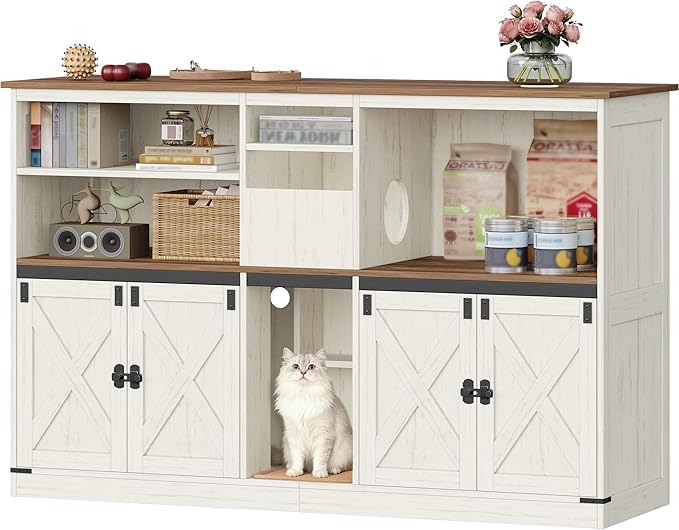 Double Cat Litter Box Enclosure for 2 Cats, Cat Cabinet with Large Storage Space, Hidden Litter Box with Scratch Pad, Farmhouse Cats House, TV Stand End Table, Rustic Brown and White CB97014X
