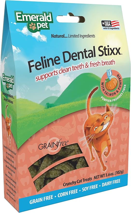 Emerald Pet Feline Dental Stixx — Tasty and Crunchy Cat Sticks with Pumpkin for Digestive Health — Natural Grain Free Dental Treats for Clean Teeth and Fresh Breath — Salmon, 3.6 oz
