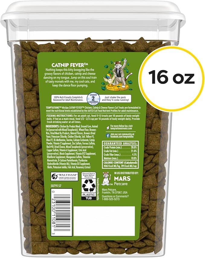 Temptations Cat Treats, Classic Crunchy and Soft Cat Treats, Catnip Fever Flavor, Catnip Treats, 16 oz. Tub