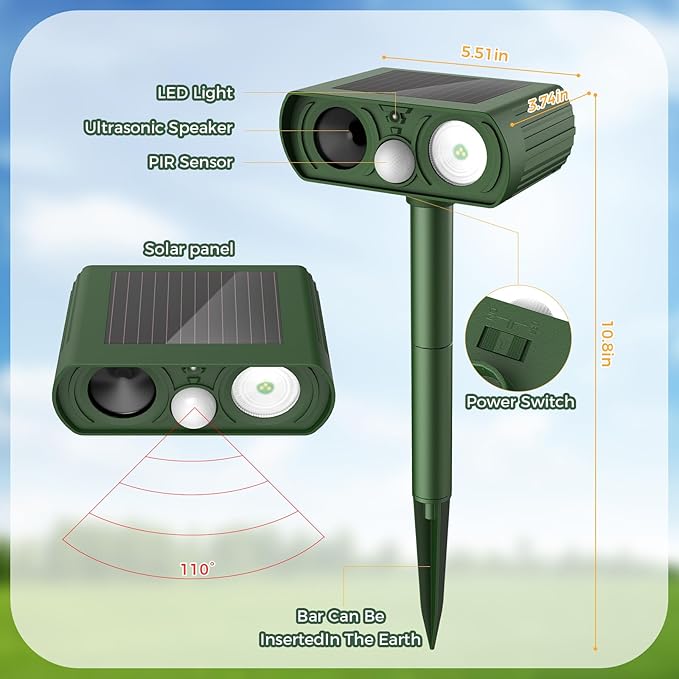 Upgraded Solar Ultrasonic Animal Repellent Outdoor, Deer Repellent Devices Squirrel Cat Raccoon Rabbit Dog Deterrent, Keep Skunk Away Motion Detection with Flash Light for Yard Garden Lawn 2PACKGreen