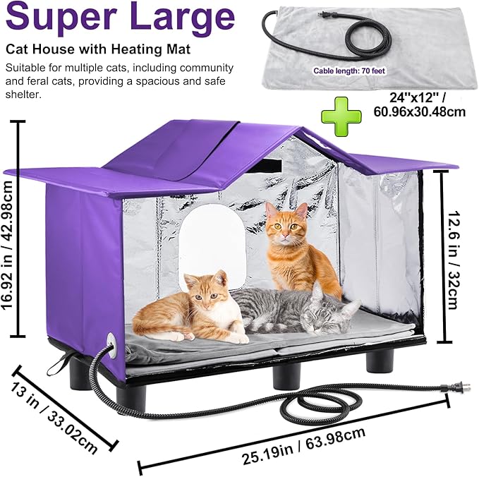 Texsens Heated Cat House for Outside Winter - Weatherproof Large Outdoor Cat Shelter with Roof Window- Insulated Elevated House for Stray/Barn Cats - Ideal Waterproof Feral Cat House (Heated-Purple)