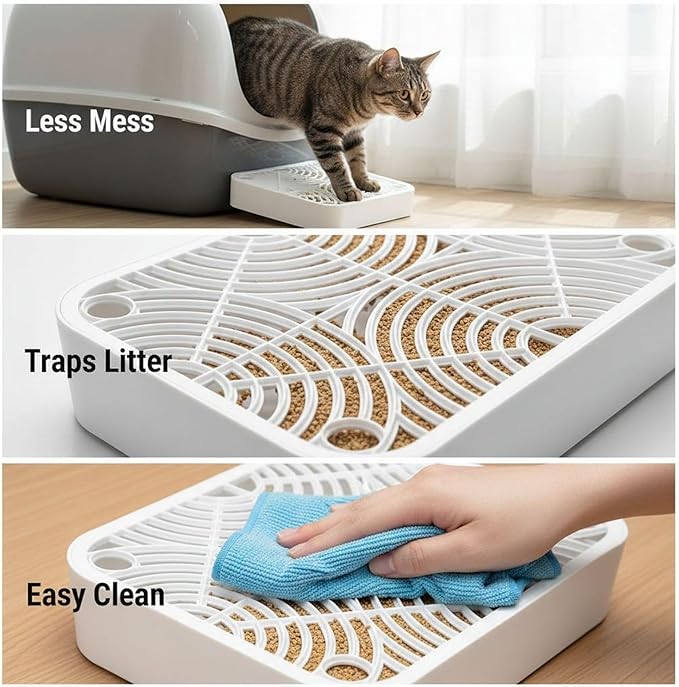 Cat Litter Box Ramp, 11.8 x 9.8 x 2 in, with Filter Function, Effectively Clean Cat Paws, Prevent Litter Scatter, White