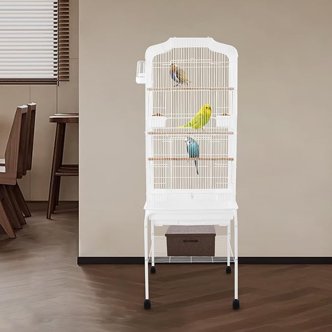 Large Bird Cage with Wheels, Budgie Cage with Bottom Storage Shelf, 54in Tall Bird Cages for Parakeets, Parrot, Cockatiel, Pull-Out Tray&Mesh Bottom (White)