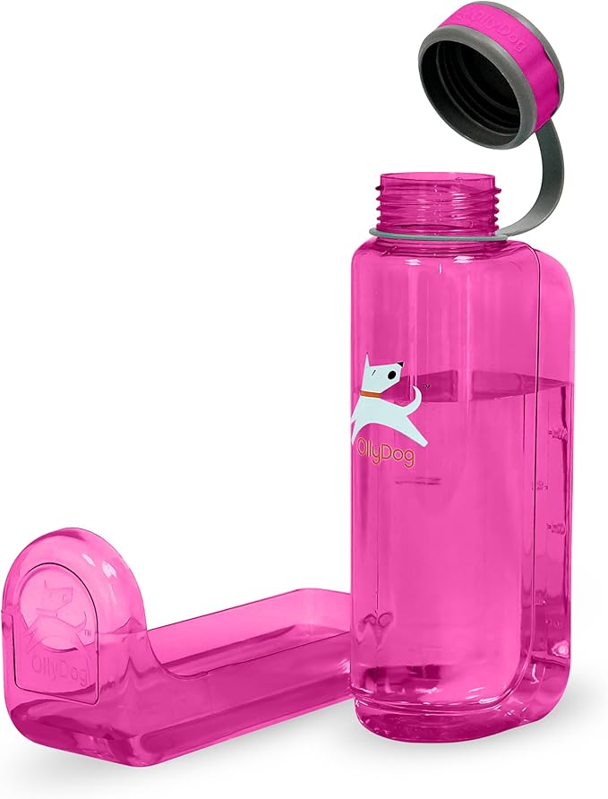 OllyDog OllyBottle | Tritan Dog Water Bottle with Detachable Bowl | BPA Free Leakproof Pet Dispenser | Hiking Travel (1L, Hot Pink)