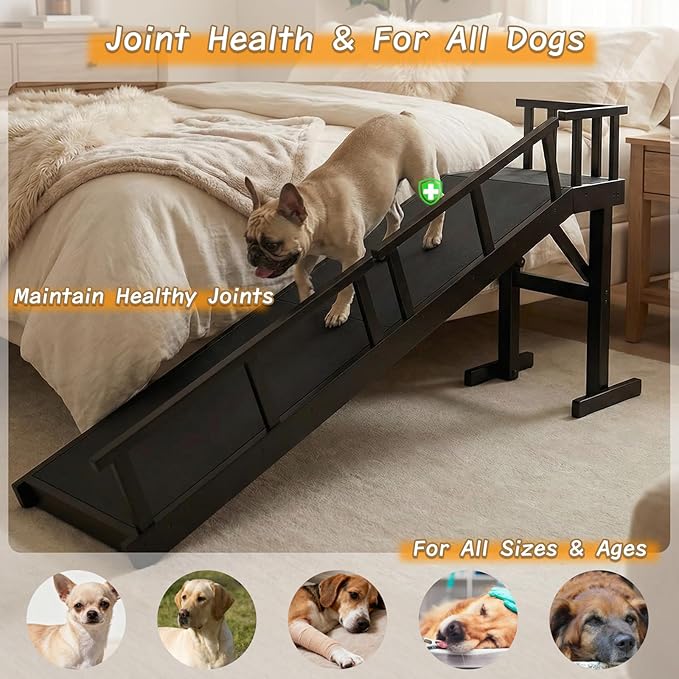 73" Dog Ramp for Bed,Birchwood Pet Ramp with Removable Side Rail and Non-Slip Surface, Pet Ramp for Small & Large Dogs with Rest Platform and DIY Glow Strips,Dog Stairs for Couch, Black