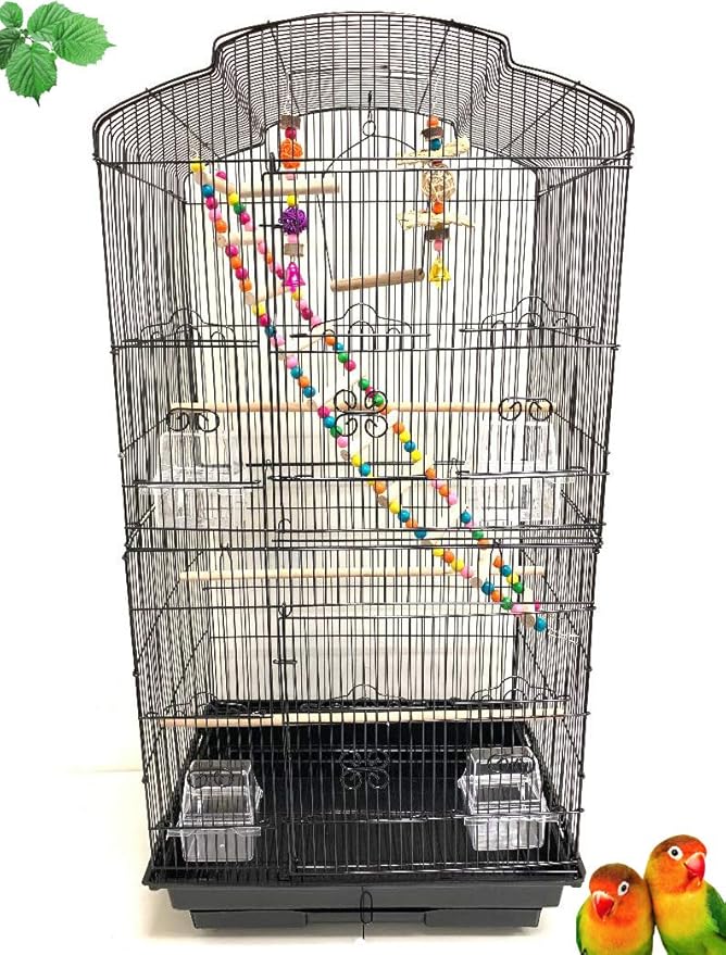 Large 35-Inch Portable Flight Bird Travel Cage for Canary Parakeet Cockatiel Lovebird Finch Bird Cage - 18" Length x 14" Depth x 35" Height (Black with Toy)
