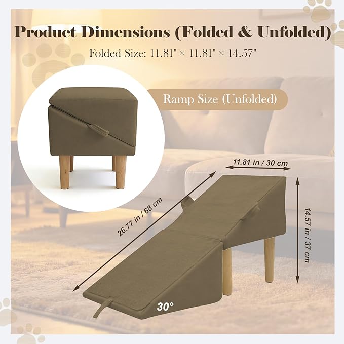 Split Ottoman Dog Ramp for Couch and Low Bed, 2-in-1 Foldable Dog Stairs for Small Dogs and Cats, Wooden Pet Ramp with Non-Slip Surface, Portable Step Stool Design. Coffee
