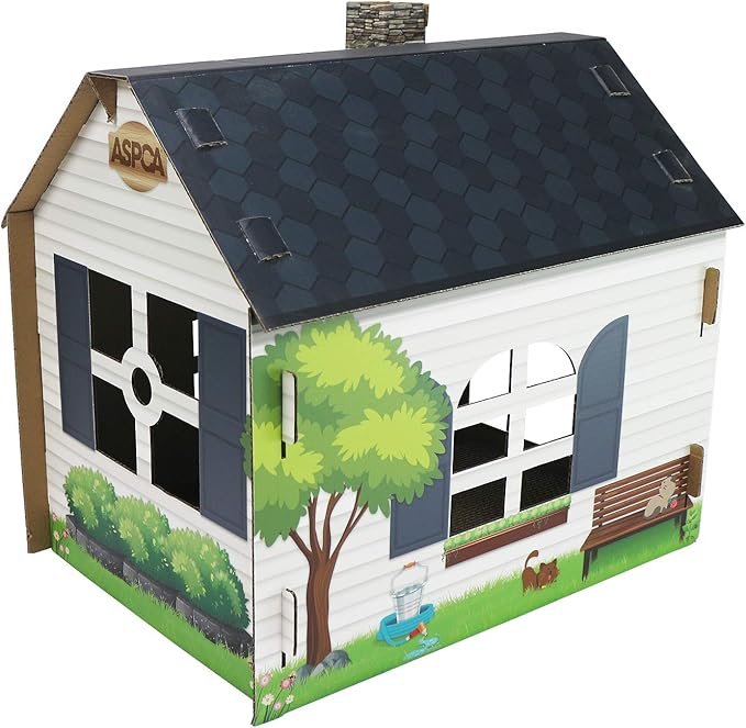 ASPCA Cardboard Cat House Hideaway Playhouse with Cat Scratcher Scratching Pad 19" L x 13" W x 17" H