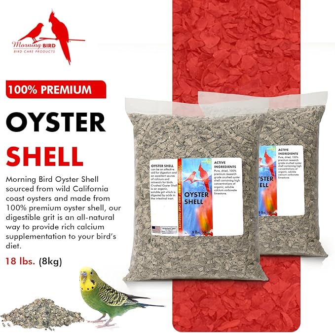 Morning Bird Oyster Shell for Birds 18 lbs (2-Pack, 9 lbs Each) – Natural Calcium Supplement – Sustainably Harvested from California Coast – Easy to Mix – Safe Year-Round Bird Food Additive