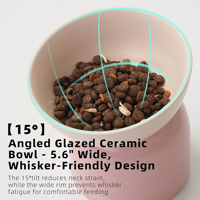 Elevated Ceramic Cat Food Bowl - 5.5" Wide Dish for Whikser Friendly, 6.6" Height for Easy Feeding, Lead & Cadmium Free, Durable Raised Cat Food Bowls, Pink