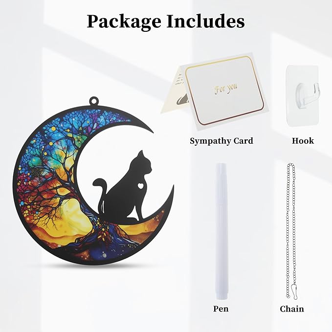 Cat Memorial Gifts, Life Tree Design Cat Angel Memorial Suncatcher with Sympathy Card, Sympathy Gift for Loss of Cats, Colorful