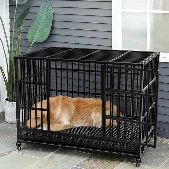 LEMBERI 48 Inch Heavy Duty Indestructible Dog Crate, Escape Proof Double Door Dog Kennel with Lockable Wheels, High Anxiety Extra Large Dog Cage Indoor Use, with Removable Tray