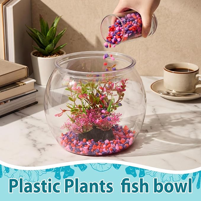 1 Gallon Plastic Fish Bowl with Artificial Plastic Plants and 1 lb Decorative Gravel Shatterproof Clear Round Goldfish Betta Tank, Small Fish Bowl/Aquarium for Table Centerpiece Home Decor