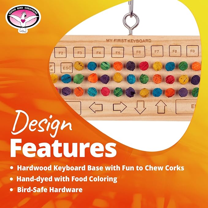 Super Bird Creations SB1225 Birdie Keyboard Bird Toy - Hardwood Keyboard Base with Chewable Corks - Versatile Parrot Training Toy for Foraging Fun for Cockatiel Parakeet - Ideal for Small/Medium Birds