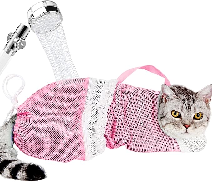 Cat Bathing Bag Adjustable Cat Grooming Net Bag Anti-bite & Anti-Scratch Cat Bath Washing Restraint Bag, Breathable Mesh Cat Grooming Bag for Shower, Nail Trimming, Injection (A-Pink)