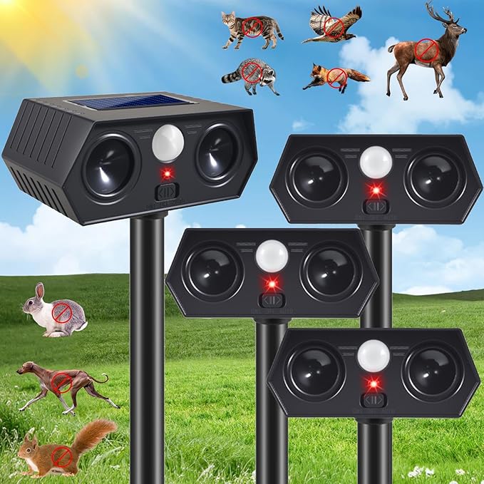 Solar Ultrasonic Animal Repellent Outdoor, 4Pack Solar Deer Deterrent Devices with PIR Motion Sensor, Ultrasonic Cat Repellent to Scare Squirre Rabbit Skunk Dog Raccoon Armadillos for Lawn Yard