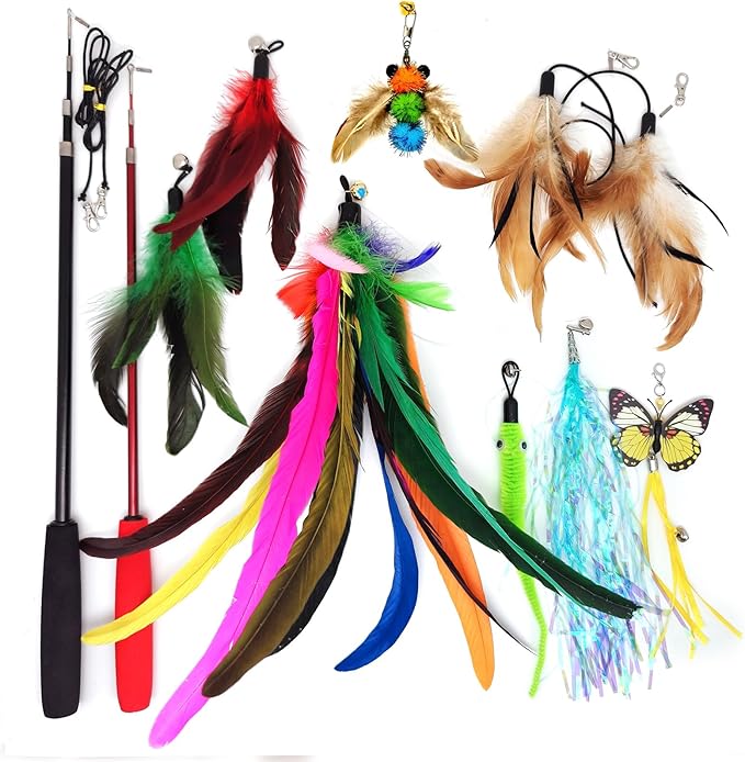 Cat Toys Interactive for Indoor Cats, 2PCS Ultra-Long Teaser(50"+38")+9PCS Da Bird Feather Refills, Fishing Pole Toy,Retractable Cat Wand Toy and Feather Toys Refills Attachment Replacement
