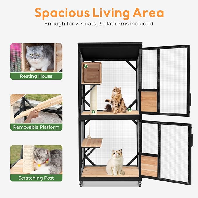 Large Cat House 4 Tiers Outdoor Catio with Removable Platforms Catio Outdoor Enclosure Window Access with Weatherproof Asphalt Roof Indoor Catio with Wheels