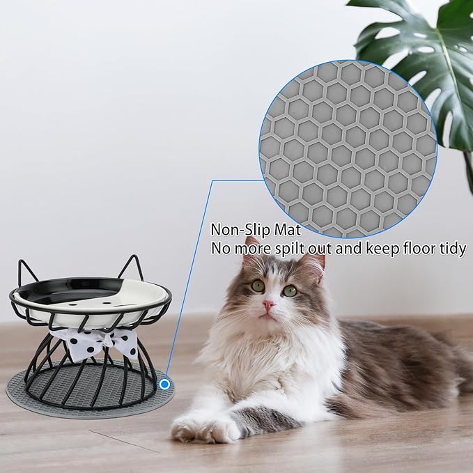 4 Pcs Elevated Pet Food Bowls, Ceramic Cat Plate with Stand Raised Cat Bowl for Indoor Pet, Food and Water Dishes Puppies, with Non-Slip Mat, Whisker Friendly, Dishwasher Safe