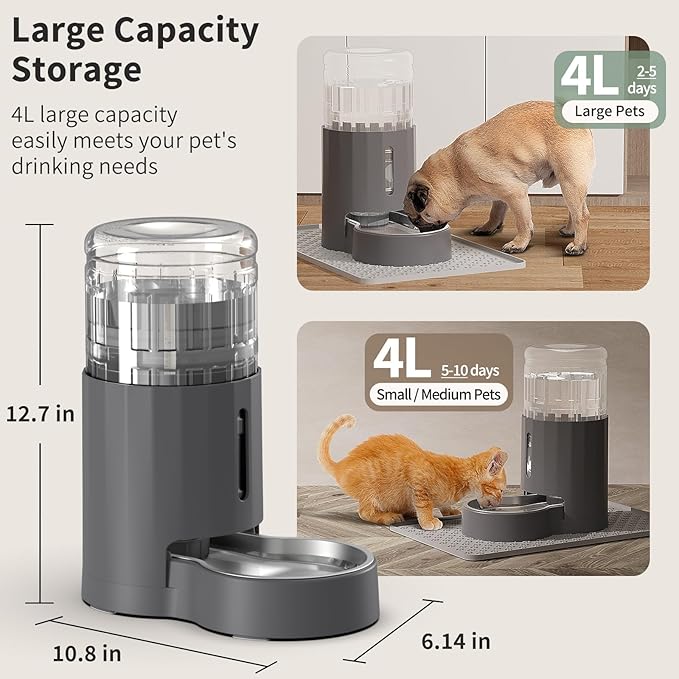 Cat Water Dispenser with Filter and Stainless Steel Bowl, Automatic Gravity Water Dispenser for Cats or Small Medium Size Dogs, Large Capacity, Easy to Clean and Safe for Pets (4L Grey)
