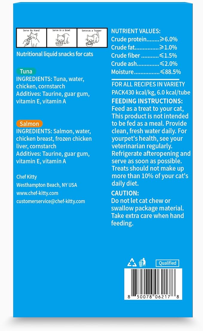 Cat Treats Lickable | Grain-Free Tuna & Salmon Cat Treats | Creamy Puree Squeeze Ups with Vitamin E & Taurine, Digestible Formula | 0.5 oz. Each Tube, Seafood Mix Variety | 20 Tubes