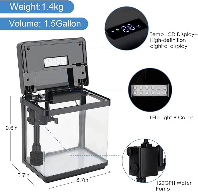 AQQA 1.5 Gallon Aquarium Kits Desktop Small Fish Tank with Filter and Light (8 Colors Adjustable) Freshwater & Saltwater Betta Fish Tank Kit Office & Home Decor (Black)