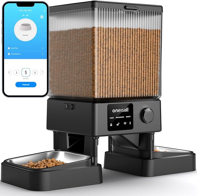 oneisall Automatic Cat Feeder with 5G WiFi, Automatic Cat Food Dispenser for 2 Cats Small Pets, 20 Cups/5L Timed Dry Food Dispenser with APP Control