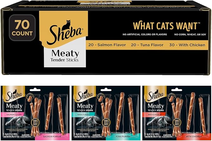 Sheba Meaty Tender Sticks Cat Treats Chicken, Tuna Flavor, or Salmon Flavor, 0.14 oz., 70 Count