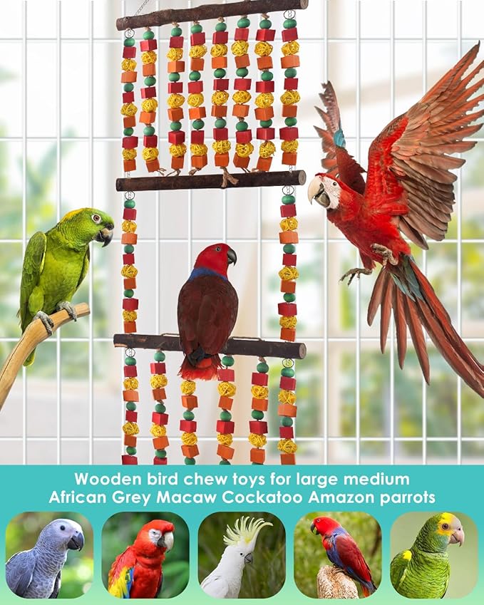 43" Extra Large Bird Parrot Toys, Multicolored Wooden Blocks Chewing Toy with Rattan Balls and Perches for Eclectus, African Greys, Cokatoos, Amazon Parrots