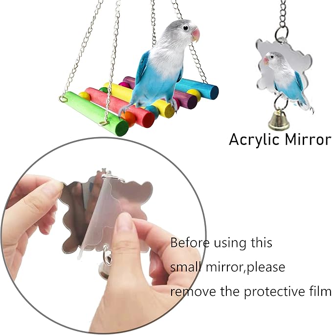 8 Pcs Parakeet Cockatiel Bird Toys, Parrots Cage Accessories Swing Wooden Perch Chewing Toy for Budgerigar, Conures, Love Birds, Finches, Budgies