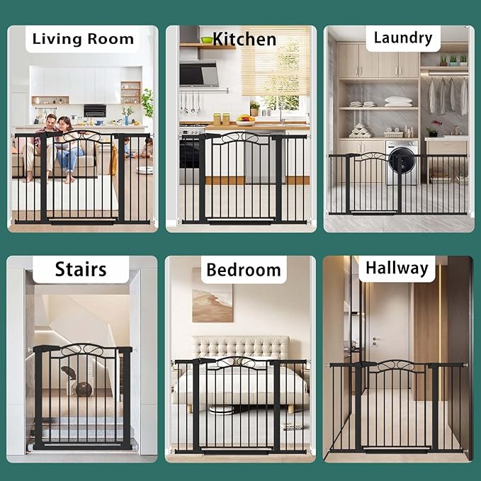 Fairy Baby 68.2"-70.8" Extra Wide Baby Gate with Door, 69 70 Inches Walk THR Baby Gates for Stairs Pressure Mounted no Drill, Indoor Tension Metal Child Pet Dog Safety Gate for Kids, Black