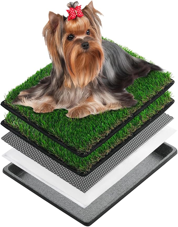 MEEXPAWS Dog Grass Pee Pads for Dogs with Tray | Extra Small 17 x 13 in for Puppy Less Than 6 lbs | 2× Artificial Grass Pads Replacement | Rapid Drainage | Indoor Dog Litter Box | Hemmed Edge