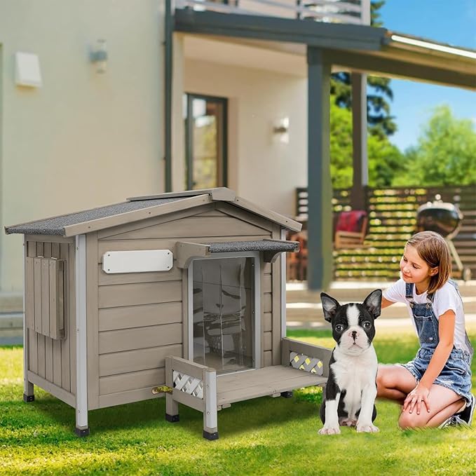 34" L Outdoor Dog House with Porch, Removable Floor, Raised Feet Anti-Chewing Iron Frame – Weatherproof Wooden Dog Kennel for Indoor/Outdoor Use, Ideal for Small to Medium Dogs
