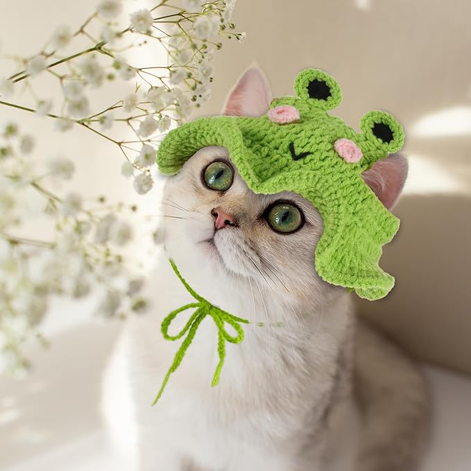 Frog Cat Hat, Cotton & Soft Cute Knitted Hats for Cats Frog Crochet Cat Hats for Cats Only Cute Puppy Hat for Small Pets on Christmas Birthday Party Halloween (Green, S)