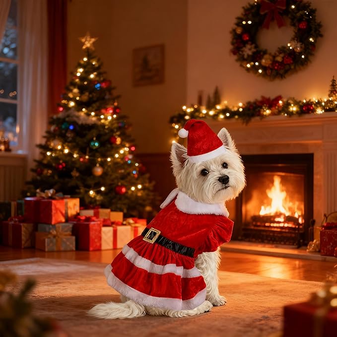 Dog Christmas Dress Santa Hat Dog Christmas Outfit Holiday Santa Costume Outfit Clothes for Small Medium Dogs (X-Large)