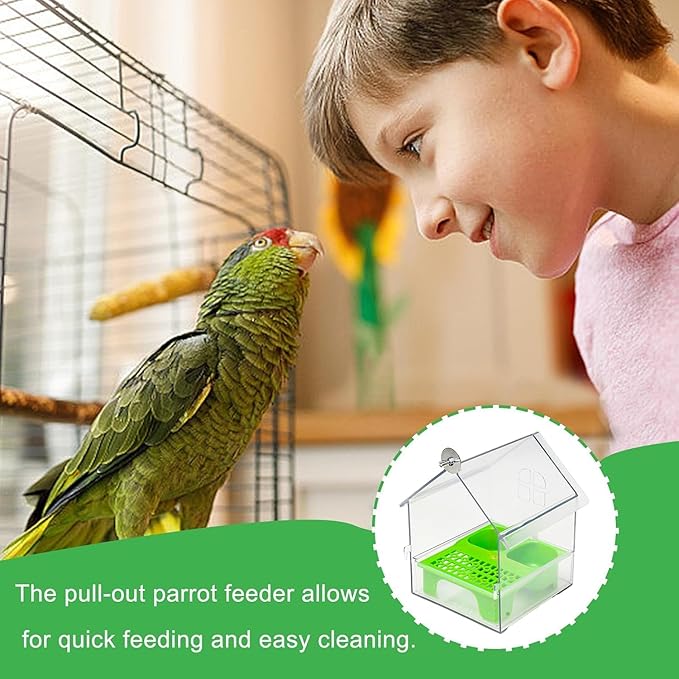 Pull-Out External Parrot Feeder, Clear Hanging Bird Feeder House, No Mess Bird Feeders for Cage, Birds Feeding & Watering Supplies for Parakeet Canary Cockatiel Finch (White)
