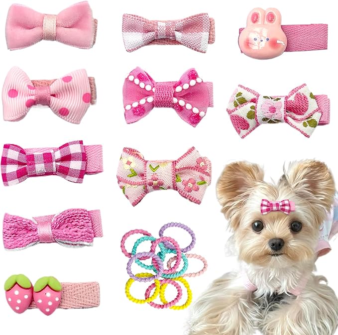 10pcs Blush Pink Dog Hair Clips 10pcs Colorful Rubber Bands Small Dog Bows Cute Pet Grooming Accessories Alligator Clips Stay In Hair Barrettes Hairpin Pet Headdress Yorkie Puppy Maltese Girls Dogs
