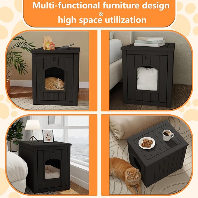 Resin Cat Litter Box Enclosure - Indoor Hidden Waterproof Furniture, Hidden Pet Box，Side Table(Black