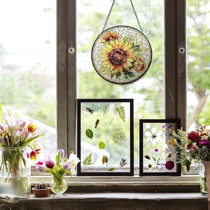 Sunflower Suncatcher Stained Glass Window Hanging Decor-Vibrant Sun Catchers for Indoor Windows, Unique Gifts for Plant Lovers, Housewarming, Birthday or New Home Celebration, Sunny Summer Decoration