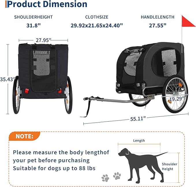 【Upgraded】 Dog Bike Trailer for Medium Large Dogs - Convertible to Jogging Stroller, 88Lbs Capacity, Waterproof & Ventilated Design with Safety Flag, Universal Hitch for 20-29" Bikes