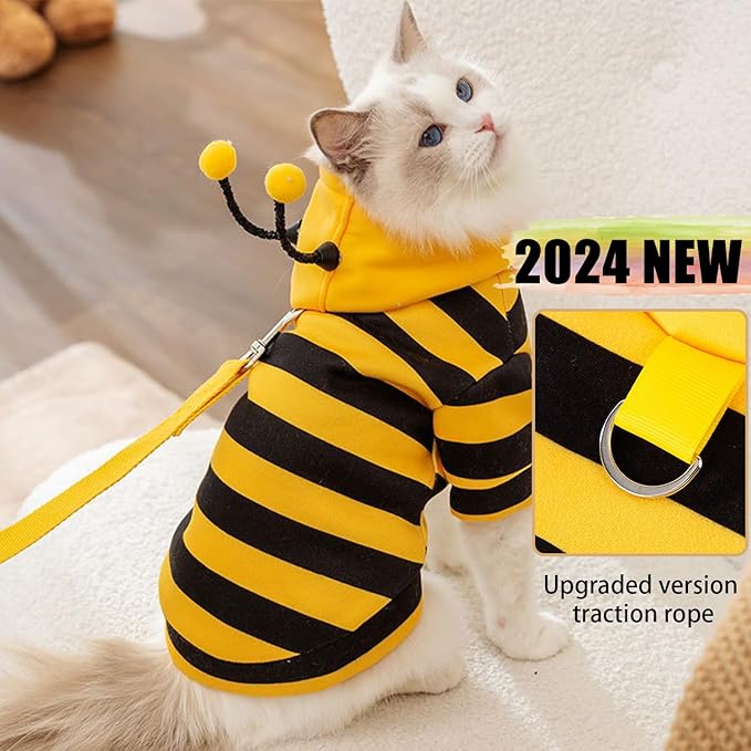 DENTRUN Sphynx Hairless Cats Costume Funny Bee Warm Winter Sweater Cute Pullover Kitten Shirts Breathable Cat Leisure Wear Turtleneck Vest Adorable Cat's Clothes Jacket Pajamas Jumpsuit, L