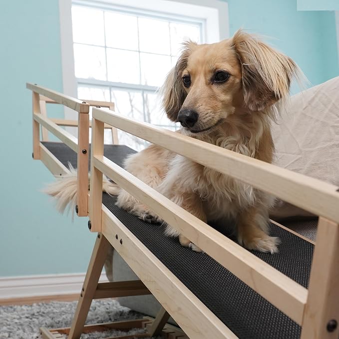 Dog Ramp for Bed, by DoggoRamps – Solid Hardwood Dog Ramp for High Beds (Adjustable up to 37" Tall) with Side Rails & Non-Slip Grip – Ramps for Small Dogs Like Dachshunds – 100% Made in North America