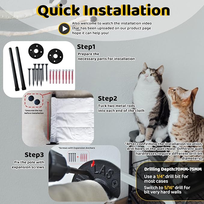 Cat Hammock Wall Mounted, 35.43 x 12.99 inch Wall Mounted Cat Shelves, Metal Brackets cat Beds for Sleeping, Playing, Climbing and Resting Stabilized Wall Furniture for Large Cats or Kitty