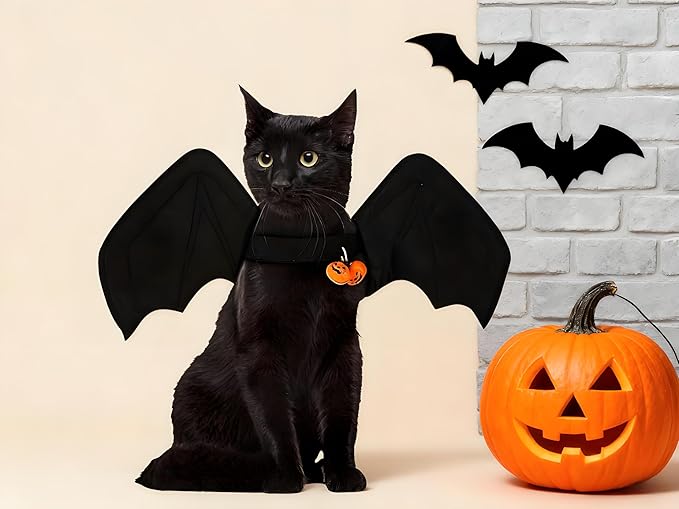 Deluxe Enhanced Cat Halloween Costume Bat Wings with Pumpkin Bells - Premium Upgraded Pet Apparel for Cats & Small Dogs, Adjustable Secure Fit for Halloween Party, Christmas, Birthday Dress Up