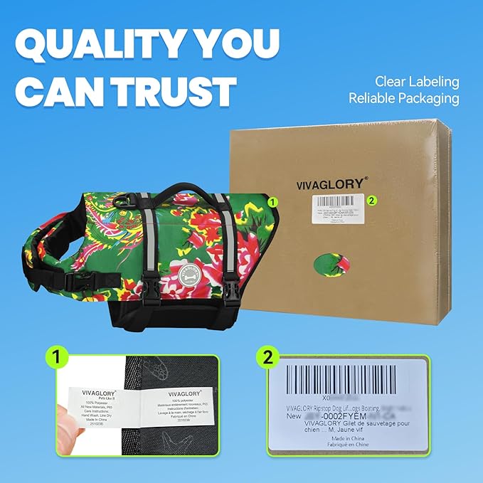 VIVAGLORY Rip Stop Dog Life Vest, Swimming Vest with Handle, Buoyancy for Doggy Puppy, Dog Life Jacket for Swimming & Boating, XXS, Northeast Florals-Green
