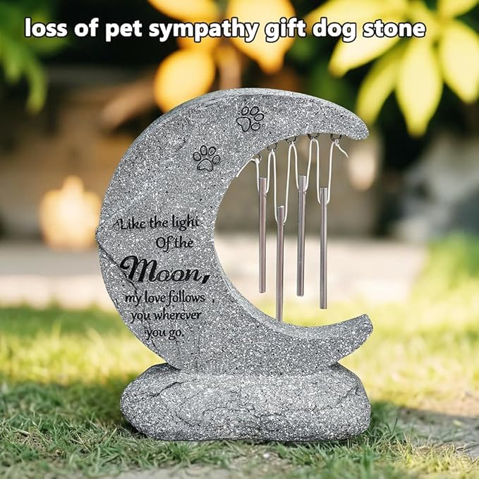 jinhuoba Moon Shaped Pet Memorial Stones for Dogs with Wind Chimes, Paw Prints Headstones Grave Stones for Loss of Pet Dog Memorial Gifts Sympathy Remembrance Gifts for Garden Backyard Patio or Lawn
